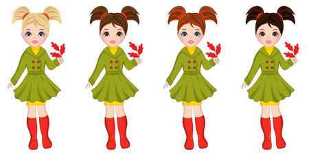 Vector beautiful young girls with various hair colors. Vector cute girls with oak leaves. Autumn girls vector illustrationのイラスト素材