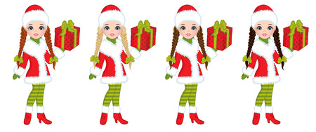 Vector beautiful young girls with various hair colors. Vector girls with Christmas gifts. Christmas girls vector illustrationのイラスト素材