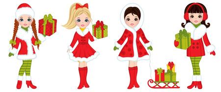 Vector beautiful young girls with Christmas gifts. Christmas girls vector illustrationのイラスト素材
