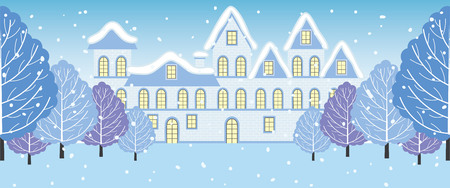 Vector winter landscape with house and winter trees on background. Vector winter landscape.のイラスト素材