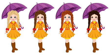 Vector beautiful young girls with various hair colors. Vector cute girls with umbrellas. Autumn girls vector illustrationのイラスト素材