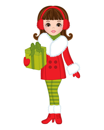 Vector beautiful young girl in red coat and headphones with Christmas gift. Christmas girl vector illustrationのイラスト素材