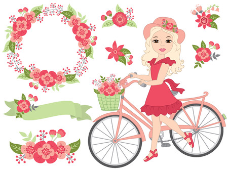 Vector romantic set includes beautiful girl with bicycle, wreath, floral ribbon and pink flowers. Vector bicycle with floral basket. Romantic  set vector illustrationのイラスト素材