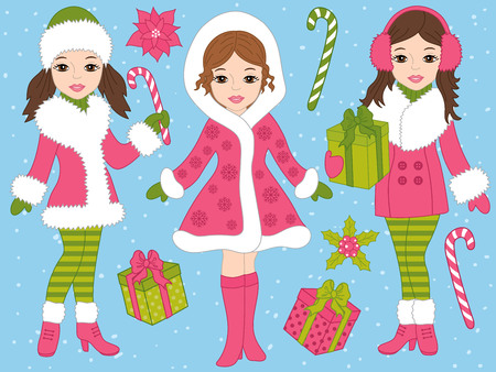 Vector Christmas set with beautiful young girls, candy sticks, gift boxes on blue background. Christmas girls vector illustrationのイラスト素材
