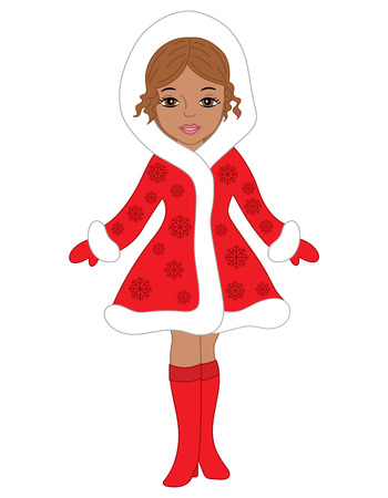 Vector beautiful African American girl in red coat and boots. Christmas girl vector illustrationのイラスト素材