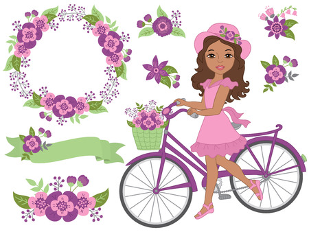 Vector romantic set includes African American girl with bicycle, wreath, floral ribbon and flowers. Vector bicycle with floral basket. Romantic  set vector illustrationのイラスト素材