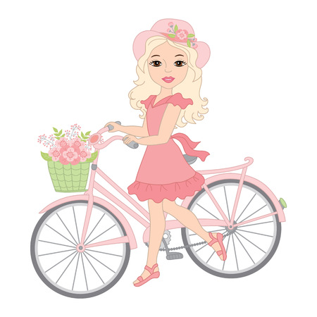 Vector beautiful girl with bicycle. Vector bicycle with floral basket. Girl with bicycle vector illustrationのイラスト素材