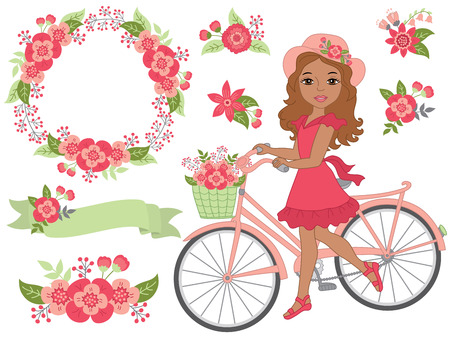 Vector romantic set includes African American girl with bicycle, wreath, floral ribbon and flowers. Vector bicycle with floral basket. Romantic  set vector illustrationのイラスト素材