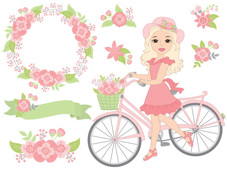 Vector romantic set includes beautiful girl with bicycle, wreath, floral ribbon and flowers. Vector bicycle with floral basket. Romantic  set vector illustrationのイラスト素材