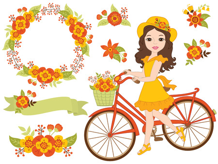 Vector romantic autumn set includes beautiful girl with bicycle, wreath, floral ribbon and flowers. Vector bicycle with floral basket. Romantic autumn set vector illustrationのイラスト素材