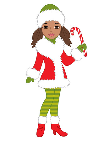 Vector beautiful African American girl in red coat with candy stick. Christmas girl vector illustrationのイラスト素材