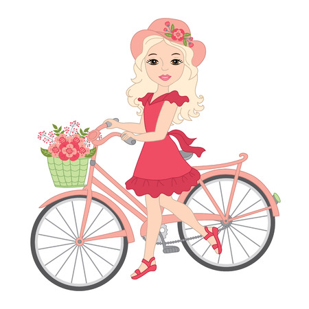 Vector beautiful blond girl with bicycle. Vector bicycle with floral basket. Girl with bicycle vector illustrationのイラスト素材