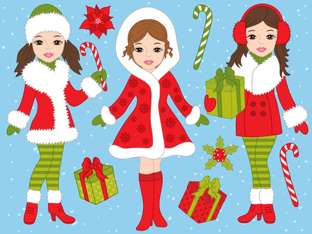 Vector Christmas set with beautiful young girls, candy sticks, gift boxes and poinsettia on blue background. Christmas girls vector illustrationのイラスト素材