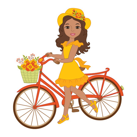 Vector beautiful African American girl with bicycle. Vector bicycle with autumn floral basket. African American girl vector illustrationのイラスト素材