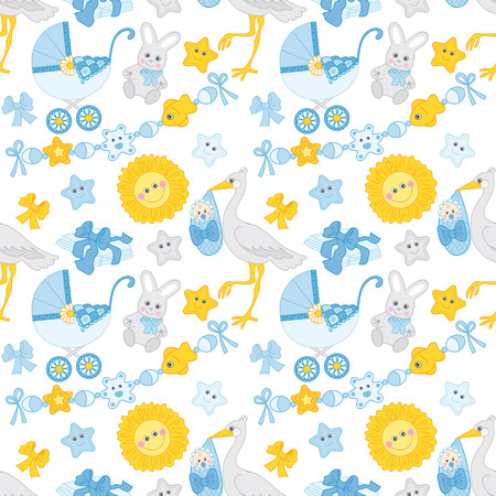 Vector seamless pattern with cute baby boy, strollers, sun, stars, diapers, stork, and toys. Seamless pattern for baby boy shower, birthday and party. Baby boy seamless patternのイラスト素材