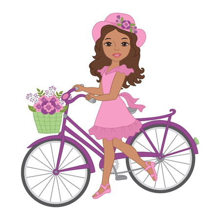 Vector beautiful African American girl with bicycle. Vector bicycle with floral basket. African American girl vector illustrationのイラスト素材