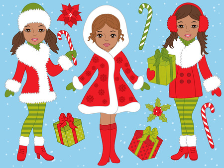 Vector Christmas set with beautiful African American girls, candy sticks, gift boxes and poinsettia on blue background. Christmas girls vector illustrationのイラスト素材