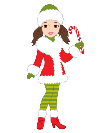 Vector beautiful girl in red coat with candy stick. Christmas girl vector illustrationのイラスト素材