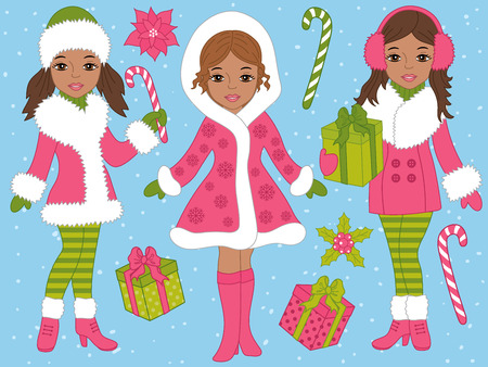 Vector Christmas set with beautiful African American girls, candy sticks, gift boxes on blue background. Christmas girls vector illustrationのイラスト素材