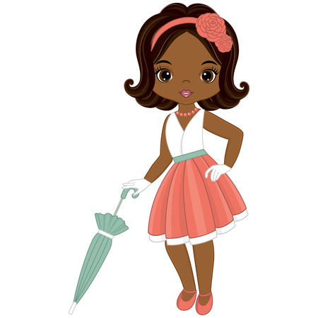 Vector cute little African American girl in retro style. Vector fashion African American girl. Pin-up girl vector illustrationのイラスト素材
