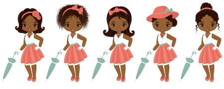 Vector cute little African American girls in retro style. Vector African American girls with various hairstyles. Pin-up little girls vector illustrationのイラスト素材