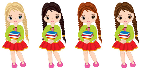 Vector cute little girls with books standing. Vector little girls with various hair colors. Little girls vector illustrationのイラスト素材