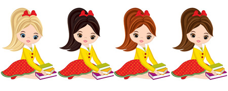 Vector cute little girls with books sitting. Vector little girls with various hair colors. Little girls vector illustrationのイラスト素材