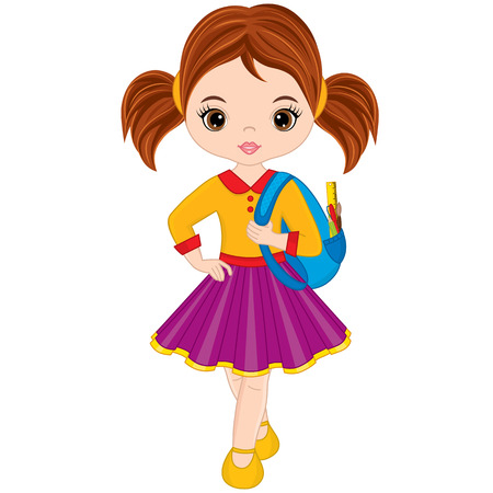 Vector cute little girl with school bag. Little girl vector illustrationのイラスト素材