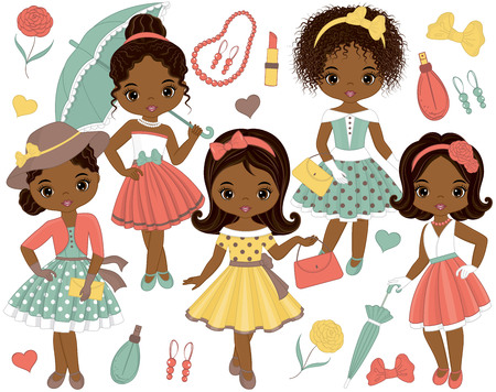 Vector set with cute little African American girls in retro style and fashion accessories. Vector fashion African American girls. Pin-up little girls and Eiffel Tower vector illustrationのイラスト素材