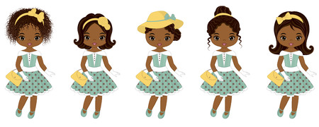 Vector cute little African American girls in retro style. Vector African American girls with various hairstyles. Pin-up little girls vector illustrationのイラスト素材