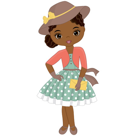 Vector cute little African American girl in retro style. Vector African American girl. Pin-up little girl vector illustrationのイラスト素材