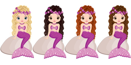 Vector cute little mermaids sitting on stones. Vector mermaids with various hair colors. Mermaids vector illustrationのイラスト素材
