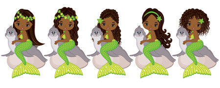Vector cute little mermaids with fur seals.  Vector African American mermaids with various hairstyles. Mermaids vector illustrationのイラスト素材