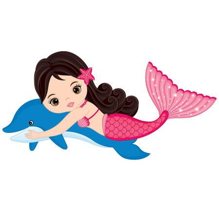 Vector cute little mermaid swimming with dolphin. Mermaid vector illustrationのイラスト素材
