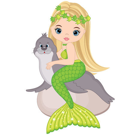 Vector cute little mermaid with fur seal. Mermaid vector illustrationのイラスト素材