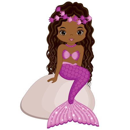 Vector cute little mermaid sitting on stone. Vector African American. Mermaid vector illustration