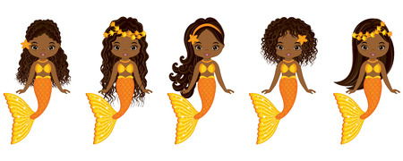 Vector cute little mermaids swimming. Vector African American mermaids with various hairstyles. Mermaids vector illustrationのイラスト素材