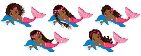 Vector cute little mermaids swimming with dolphins. Vector African American mermaids with various hairstyles. Mermaids vector illustrationのイラスト素材