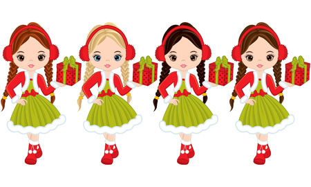 Vector cute little girls with  Christmas gifts. Vector little girls with various hair colors. Christmas girls vector illustrationのイラスト素材