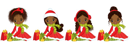 Vector cute little African American girls with Christmas gifts. Vector African American girls with various hairstyles. Christmas girls vector illustrationのイラスト素材