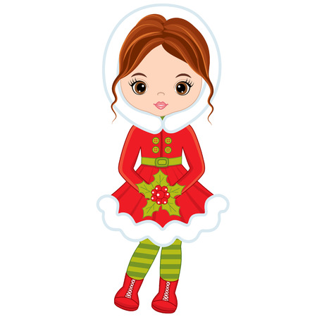 Vector cute little girl with Christmas red berries. Vector girl with holly berries. Christmas girl vector illustrationのイラスト素材
