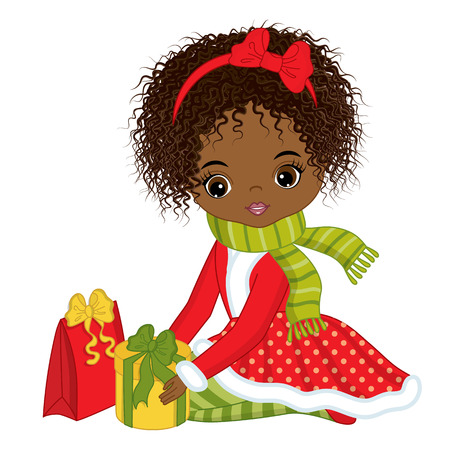 Vector cute little African American girl with Christmas gifts. Christmas girl vector illustrationのイラスト素材