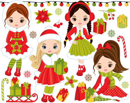 Vector Christmas and New Year set. Set includes cute little girls with gifts, candy sticks, red berries, poinsettia, snowflakes, sledge and Xmas lights. Christmas and New Year vector illustrationのイラスト素材