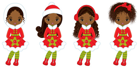 Vector cute little African American girls with Christmas red berries. Vector African American girls with various hairstyles. Christmas girls vector illustrationのイラスト素材