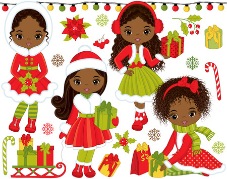 Vector Christmas and New Year set. Set includes cute little African American girls with gifts, candy sticks, red berries, poinsettia, snowflakes, sledge and Xmas lights. Christmas vector illustrationのイラスト素材