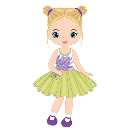 Vector cute little girl with lavender bouquet. Vector lavender girl. Little girl vector illustrationのイラスト素材