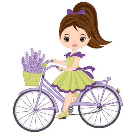 Vector cute little girl riding bicycle. Vector bicycle with basket of lavender. Vector lavender girl. Little girl vector illustrationのイラスト素材