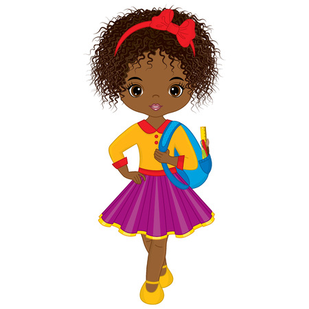 Vector cute little African American girl with school bag. Little girl vector illustrationのイラスト素材