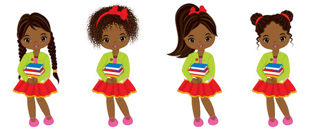 Vector cute little African American girls with books. Vector little girls with various hairstyles. Little girls vector illustrationのイラスト素材