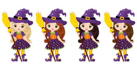 Vector cute little witches with broomsticks. Vector Halloween witches with various hair colors. Halloween witches vector illustrationのイラスト素材